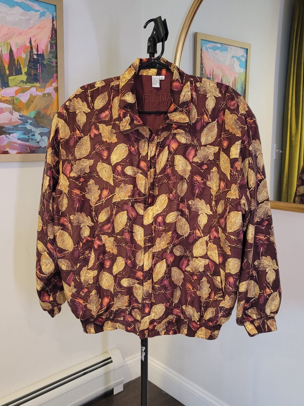 Vintage FUDA INTERNATIONAL Silk Bomber Jacket Burgundy with Gold Leaf Print XL